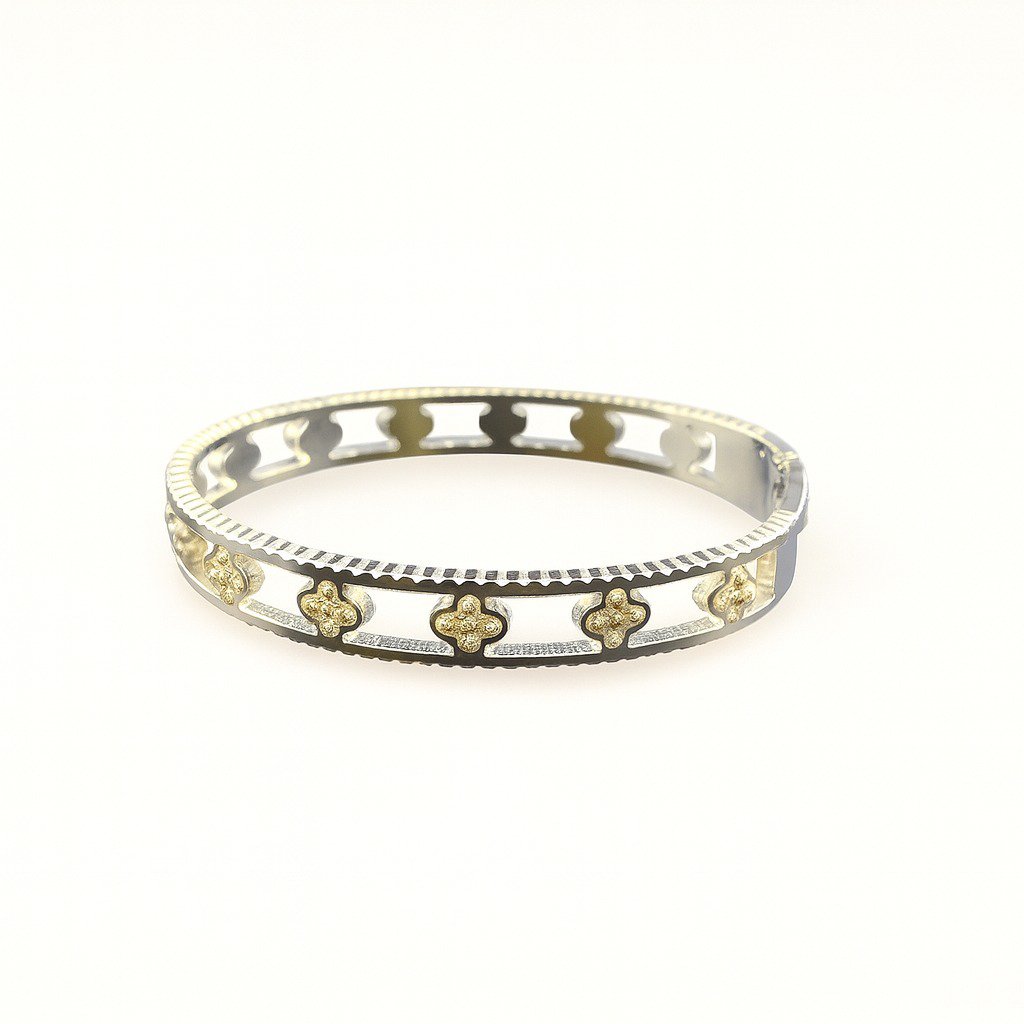 Silver Plated Bangle Bracelet Korean Design with cutout clover motif, Lightweight Bangle 2.5 Inch