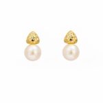 Gold Plated Hammered Stud Earrings with a triangular hammered top and a large round imitation pearl drop.