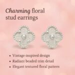 Silver Beaded Clover Stud Earrings Vintage Textured Quatrefoil - Image 4