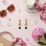 Double Heart Dangle Earrings | Green and Clear Gemstone - Image 3