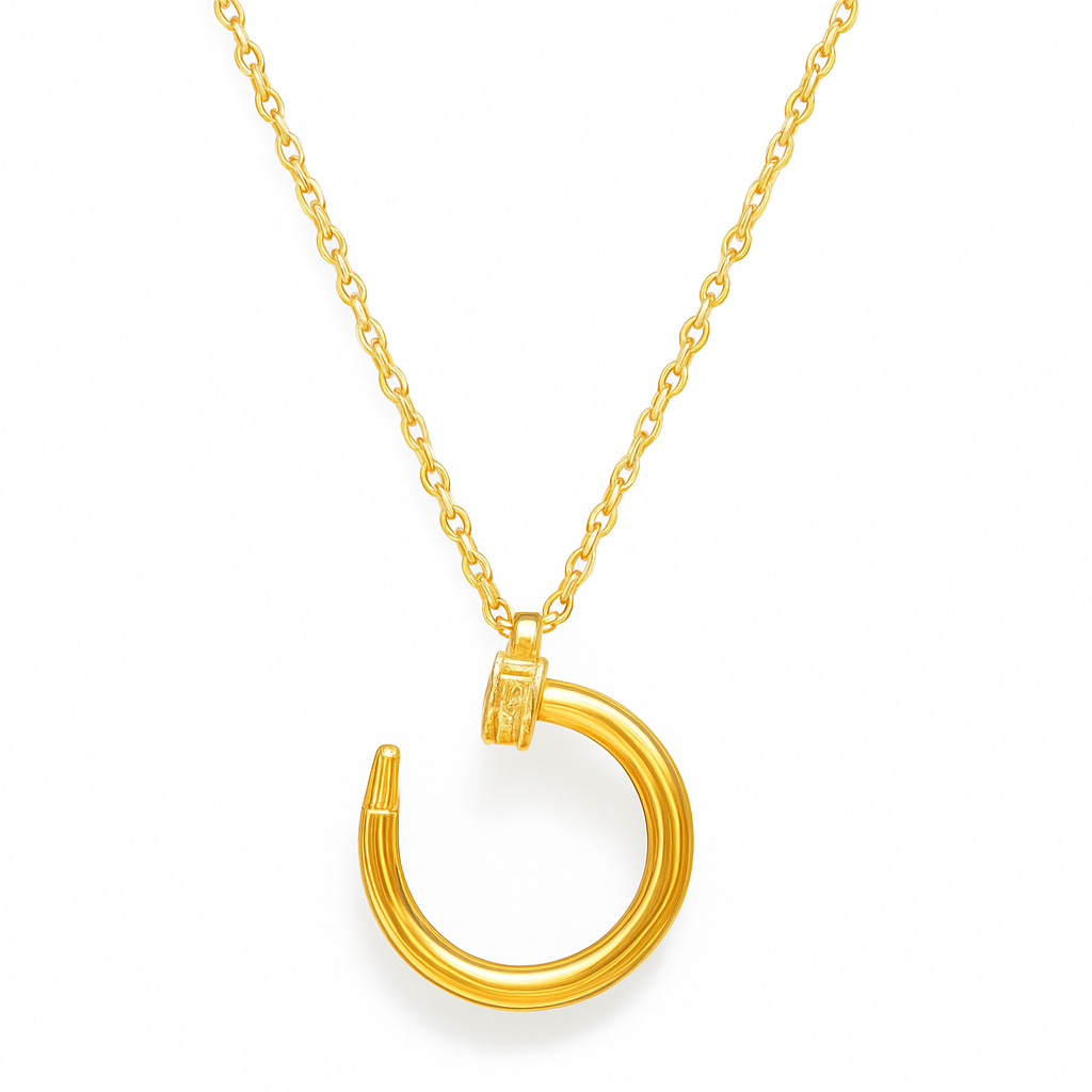 Gold Plated Chain Necklace with a large, curved nail ring-shaped pendant. Gold Plated Chain Necklace with a large, curved nail ring-shaped pendant.