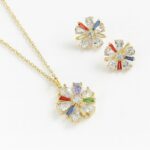 Gold Plated Multicolored Marquise Flower Necklace and Earring Set with clear and colored marquise CZ stones.